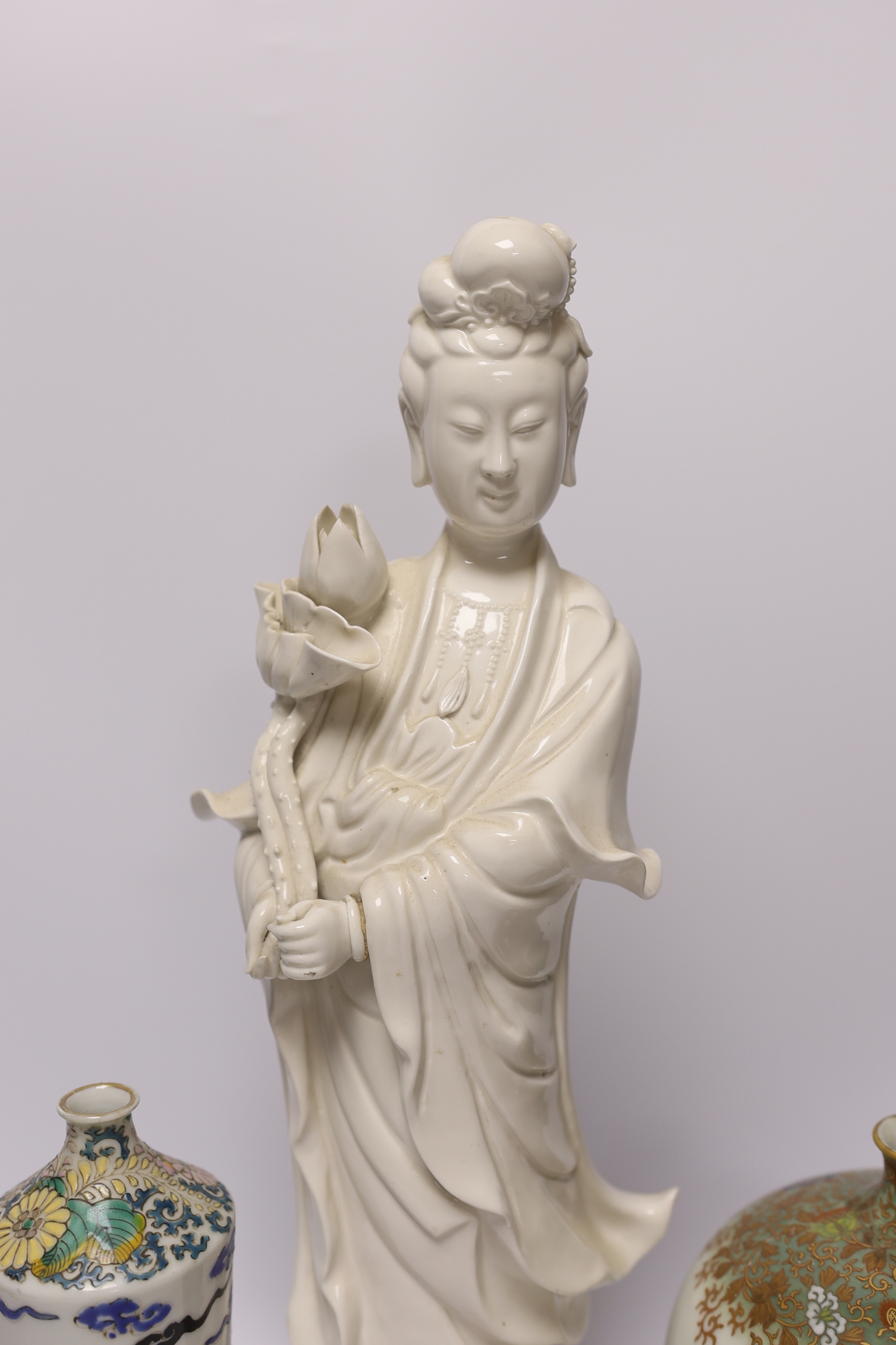 A 19th century Chinese blanc de chine figure of Guanyin, 20th century ‘dragon’ vase and a Japanese Meiji period vase, by Fukagawa, koransha mark, tallest 46.5cm